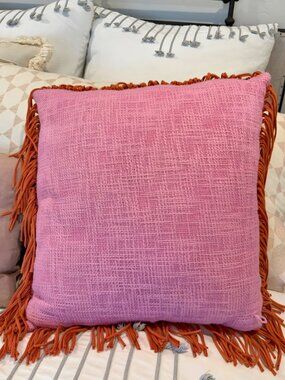 Anthropologie Pink Textured Throw Pillow with Orange Fringe